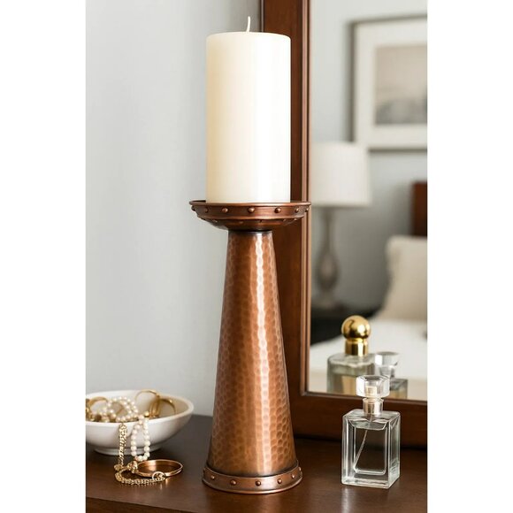 Hammered Copper Candle Holder Taper Rivet Top Velvet Base 12" High - Picture 1 of 11